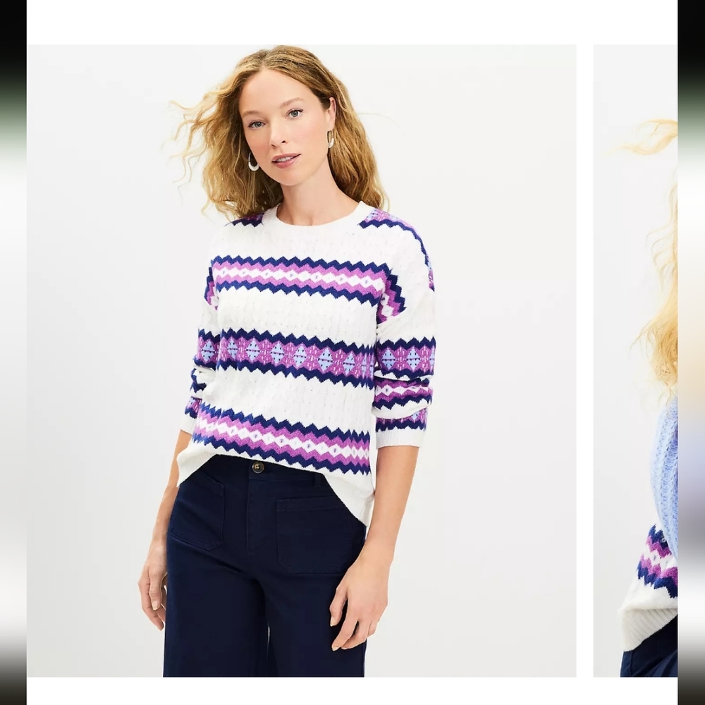 Fair Isle Stripe Textured Sweater - White and Purple